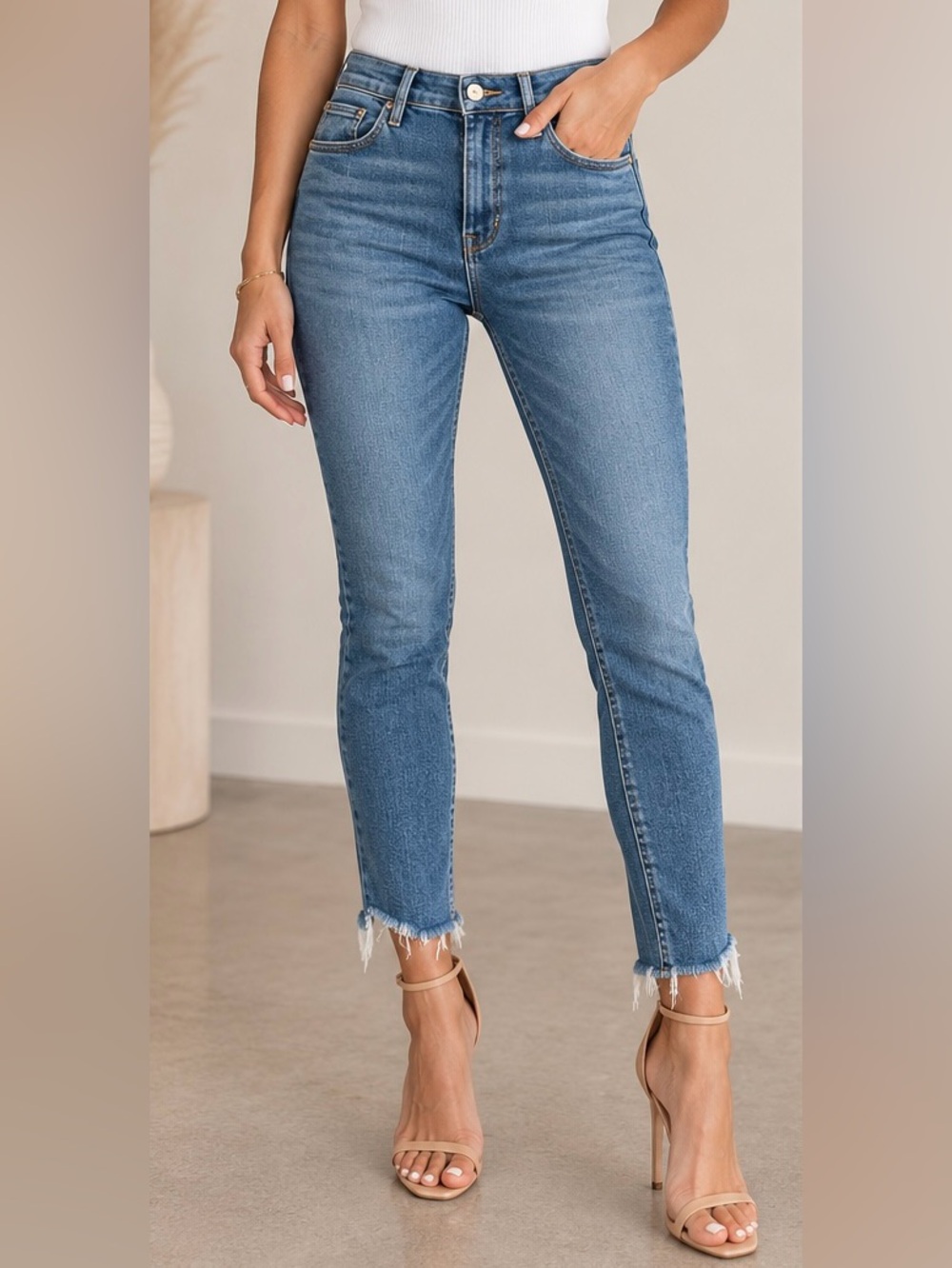 FRAME Le High Skinny Straight Jeans Size 28 Blue Raw Frayed Ankle Hem
